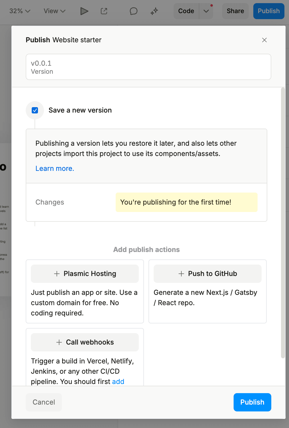 Plasmic publish dialog