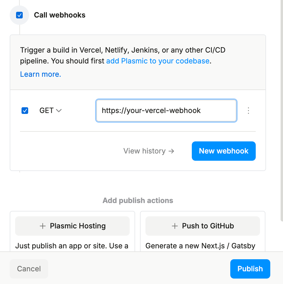 Plasmic publish dialog - adding webhook