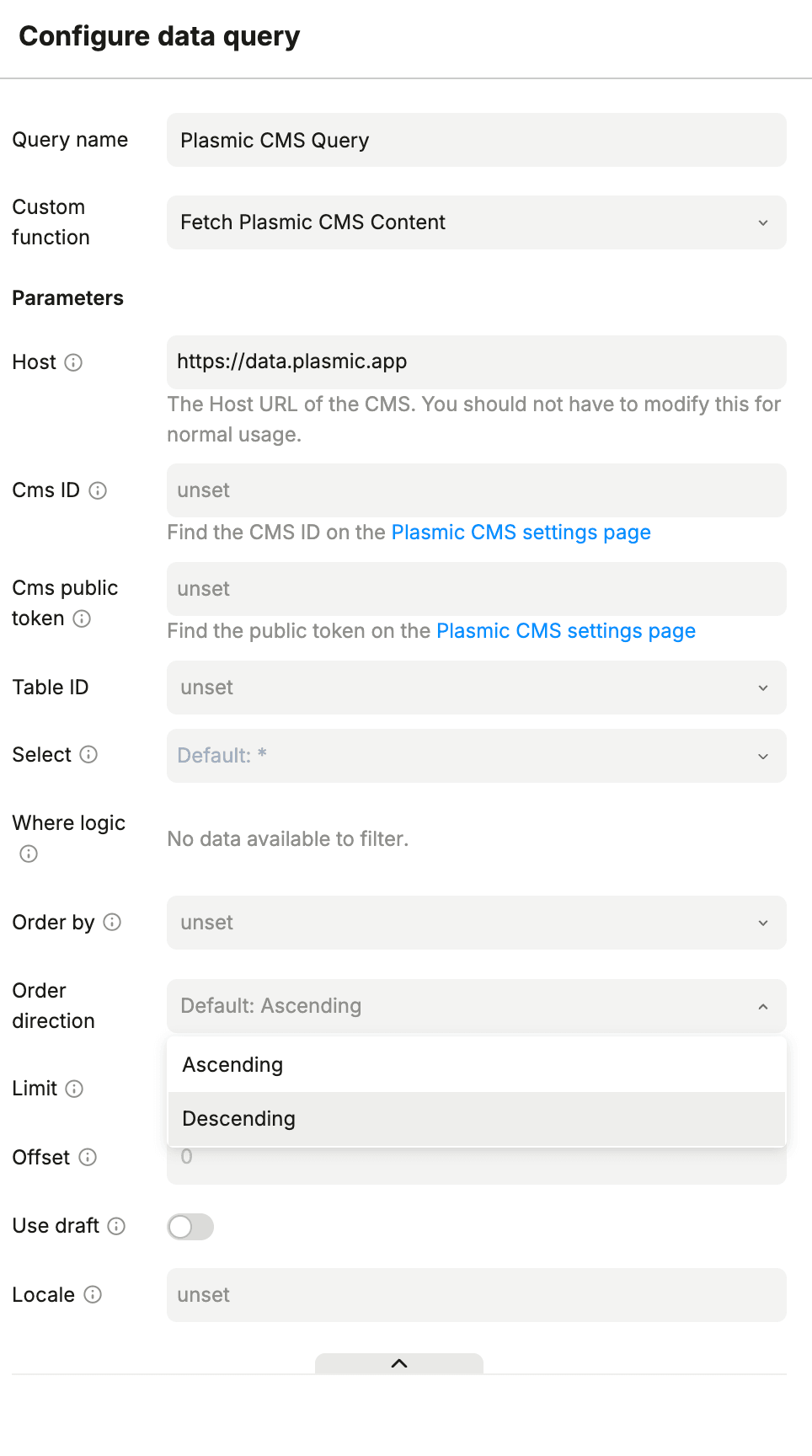 Configure data query for Fetch Plasmic CMS Content