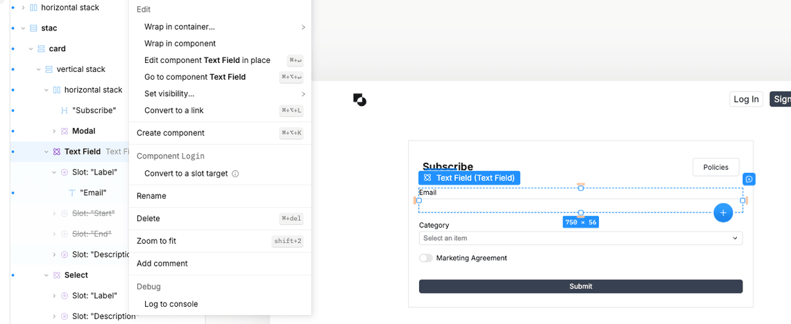 edit component in place