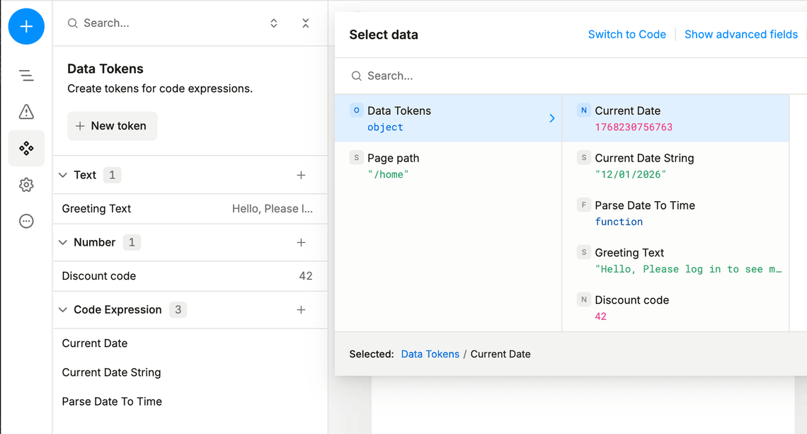 Data tokens in Plasmic Studio