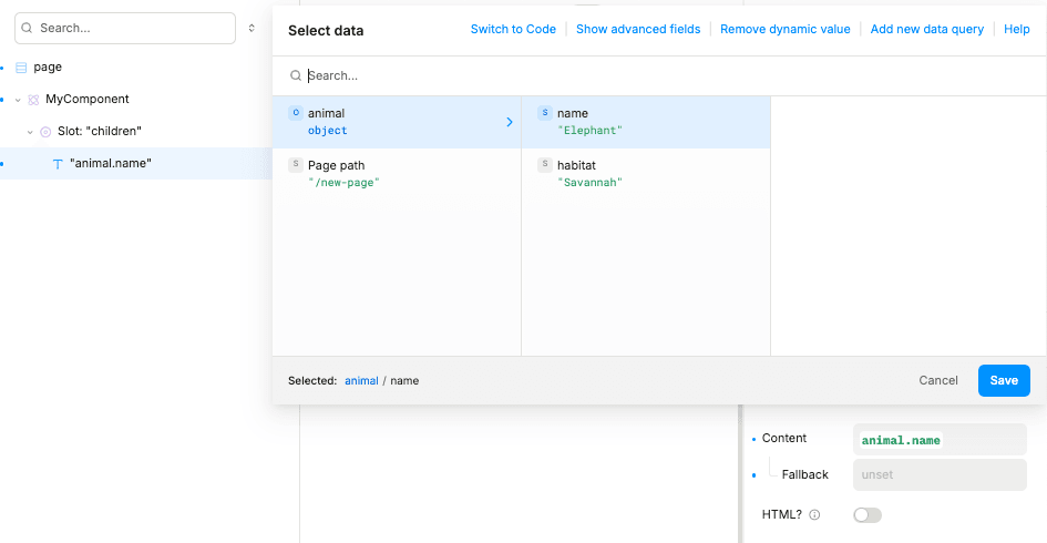 Data picker showing render prop data