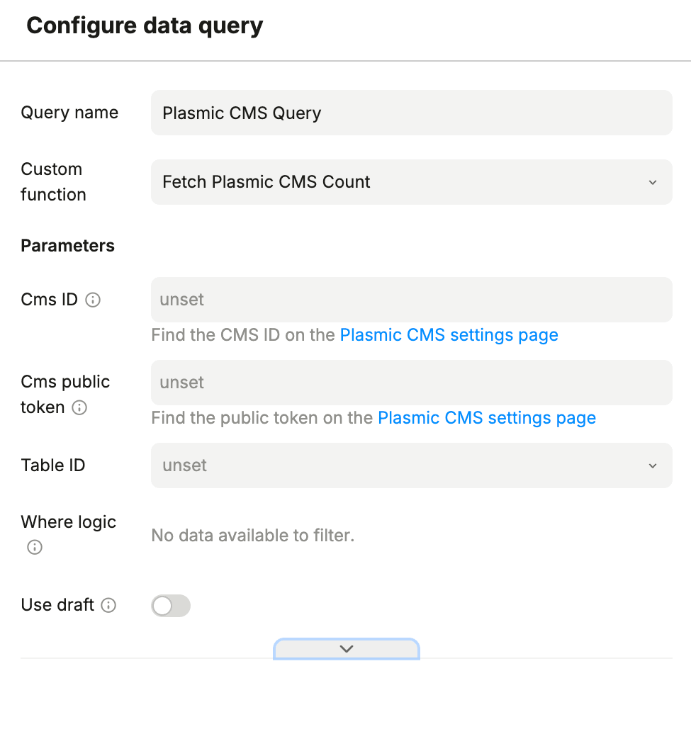 Configure data query for Fetch Plasmic CMS Count