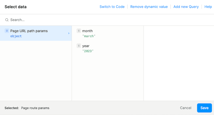 Data picker showing path parameters