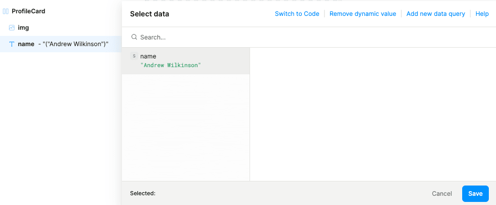 profile card select data modal