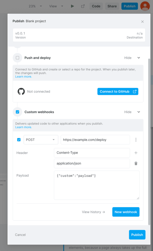 Publishing custom webhooks