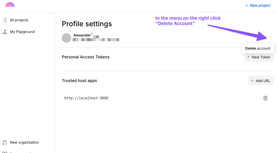 Delete account menu