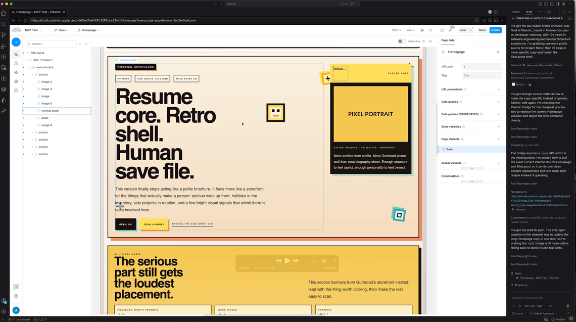 Personal website homepage created by an AI agent through Plasmic MCP.